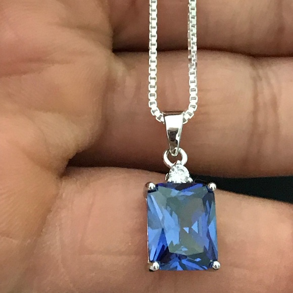 Sterling Silver Tanzanite CZ Pendant Necklace - Picture 3 of 8